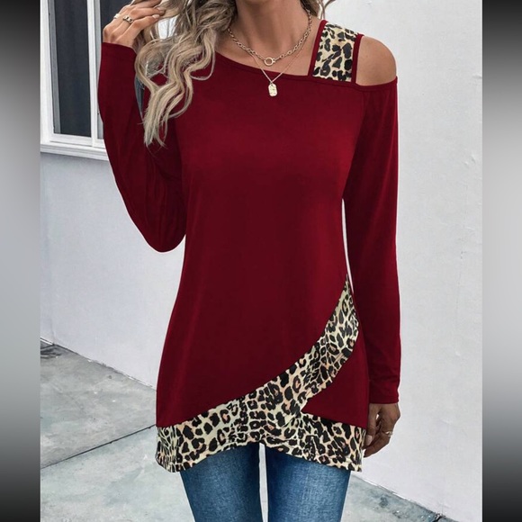 Boho leopard print cold shoulder top - Picture 3 of 8